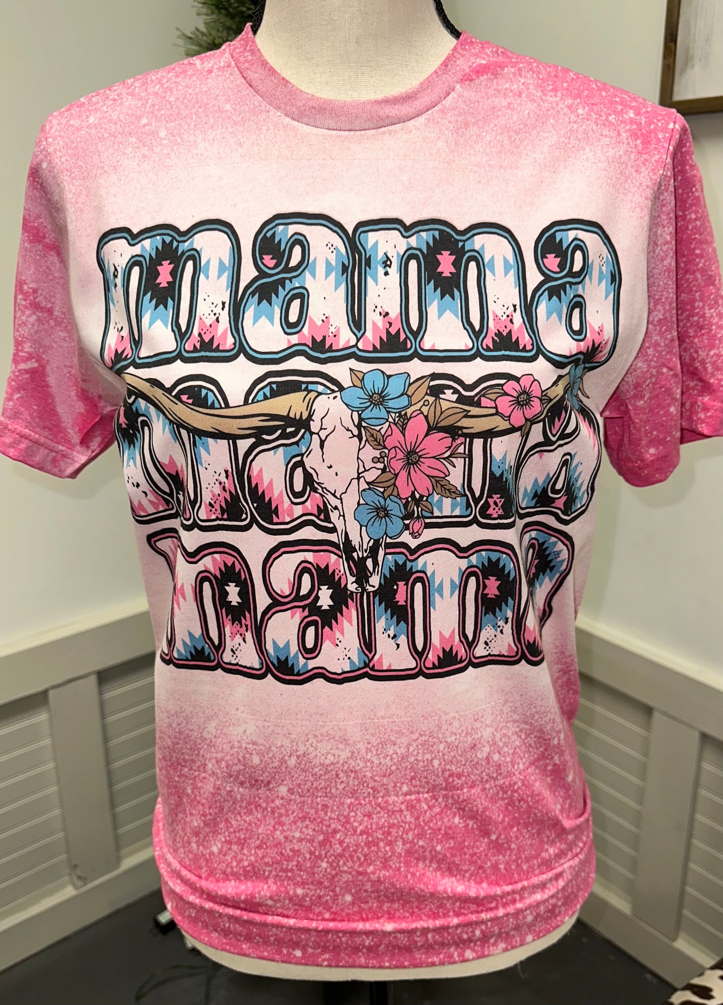 Floral Mama bull skull pink tee