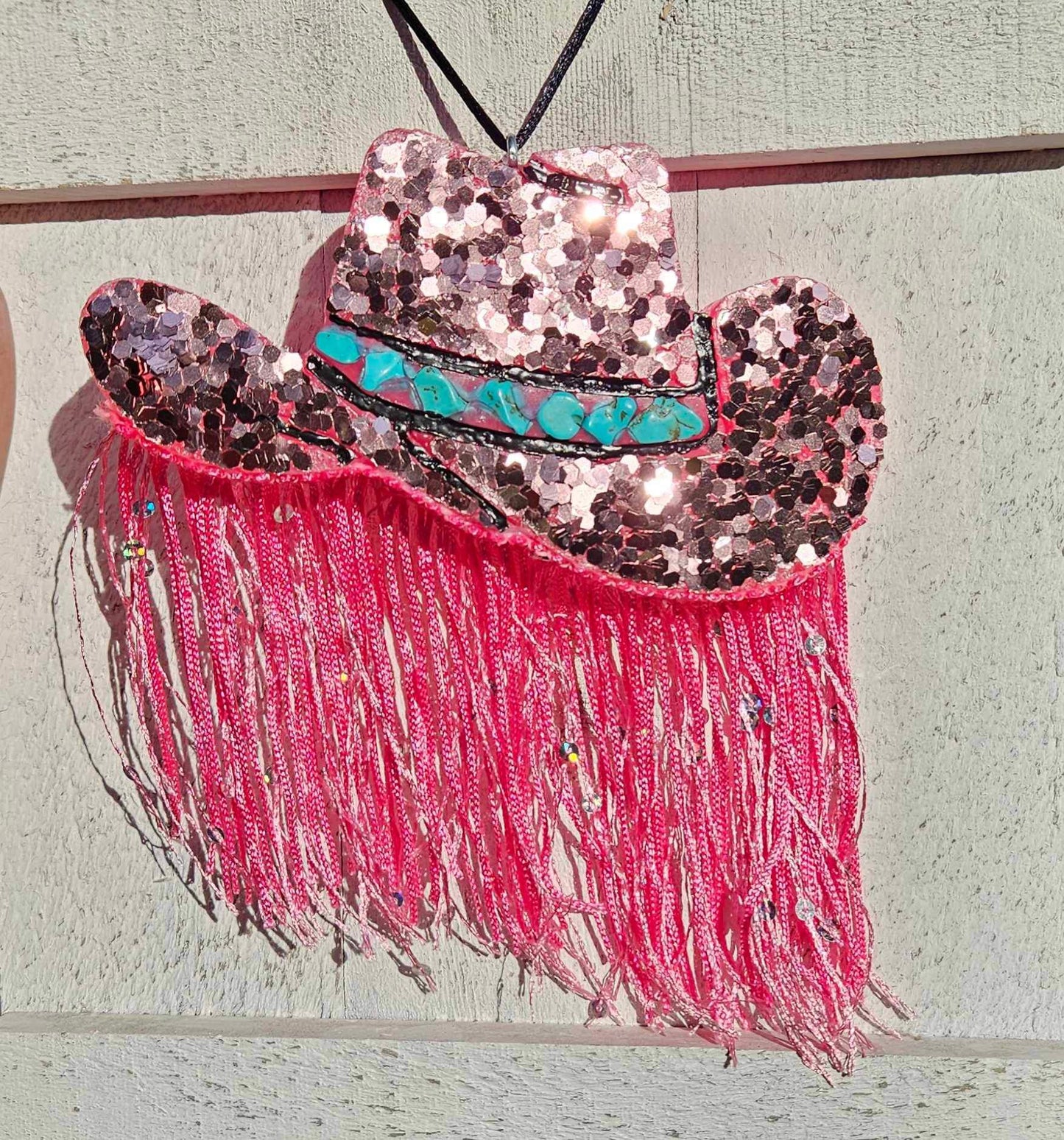 Pink Cowboy Hat with turquoise stones and fringe