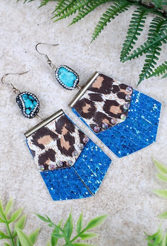 Leopard and stone royal blue earrings