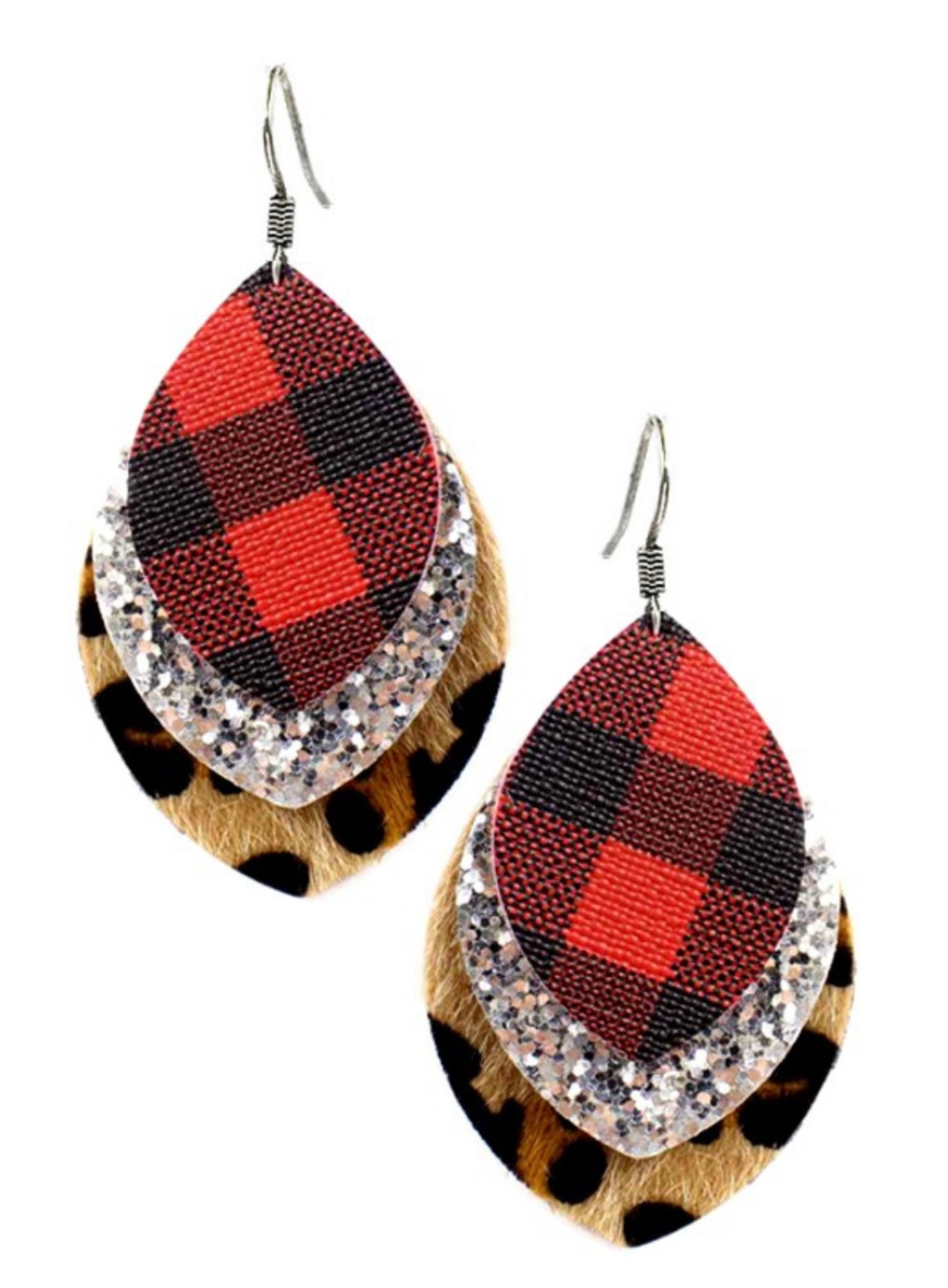 Buffalo plaid glitter leopard earrings